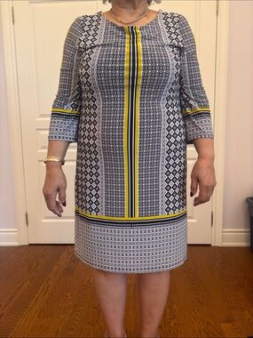 INC International Concepts Black & White Geometric Midi Dress with Yellow Stripe